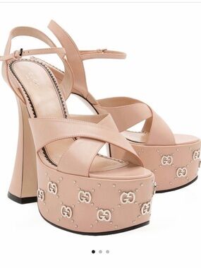 Gucci Nude Pink Leather Platform Sandals with Studded GG Trim
